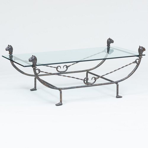Bronze, Wrought Iron and Glass Low Table, In the Style of Diego Giacometti