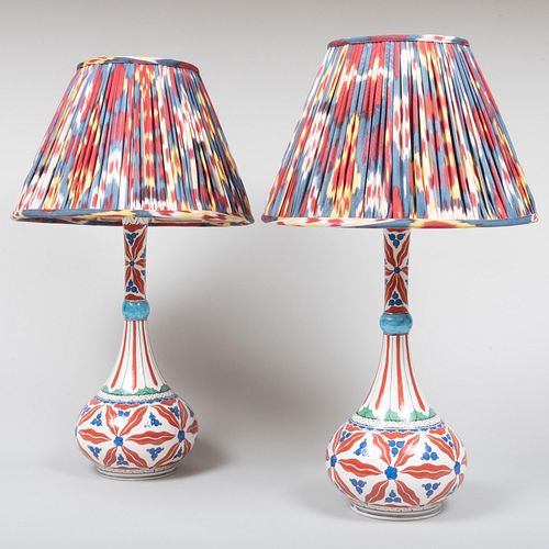 Pair of Iznik Style Pottery Vases Mounted as Lamps with Ikat Shades