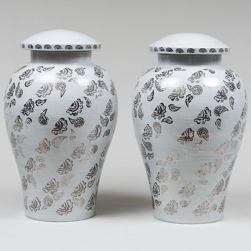 Pair of Large Contemporary Roy Hamilton Luster Decorated Ceramic Jars and Covers