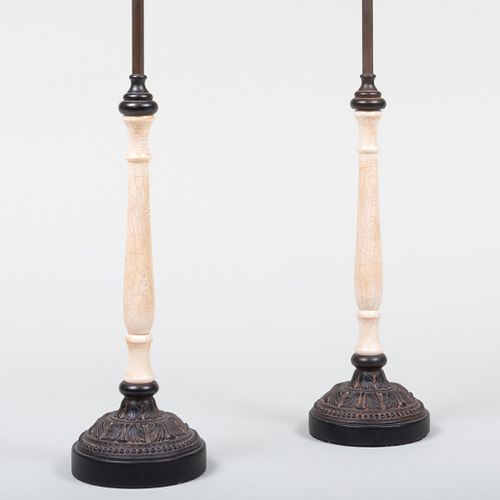 Pair Anglo-Indian Style Painted Bone Fly Whisks Mounted as Table Lamps