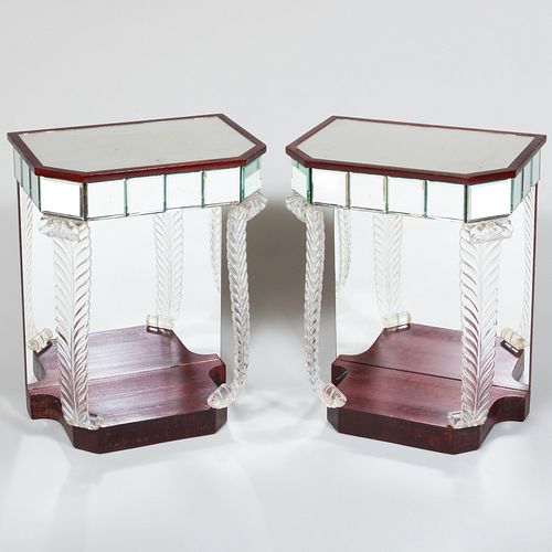 Pair of Lorin Jackson for Grosfeld House Mirrored Glass, Plexiglas and Stained Wood 'Glassic' Bedside Tables