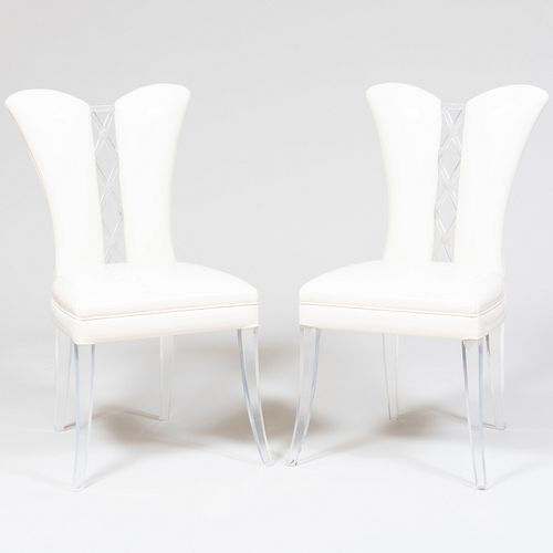 Attributed to Lorin Jackson for Grosfeld House, Pair of 'Glassic' Plexiglas and White Patent Leather 'Corset' Chairs