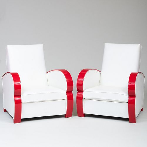 Pair of French Art Deco Style Red Lacquer and White Leather Upholstered Armchairs