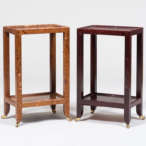 Two Karl Springer Snakeskin Covered Two-Tiered Telephone Tables