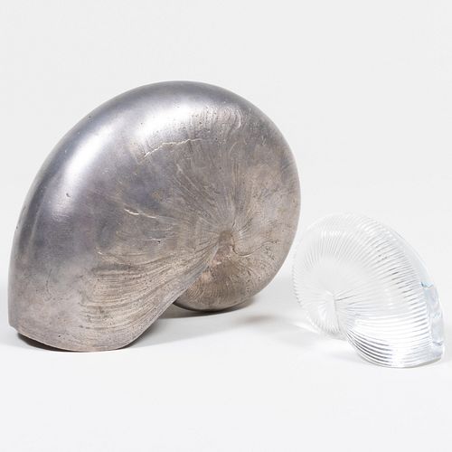 Silver Overlay Chambered Nautilus Shell and Baccarat Glass Model of a Chambered Nautilus Shell