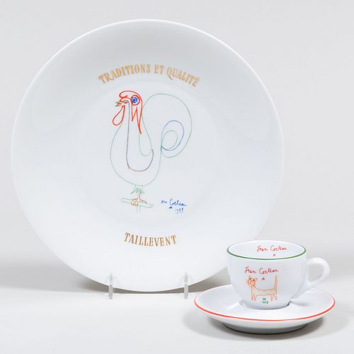 Taillevent Cocteau Designed Porcelain Dinner Plate, Demi Tasse, and Saucer