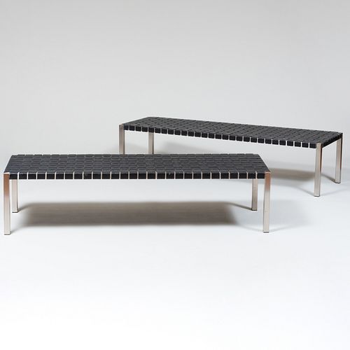 Pair of Modern Stainless Steel and Woven Leather Benches