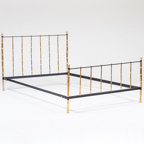 Neoclassical Style Steel & Brass Faux Bamboo Bed, in the Style of Jacques Adnet 