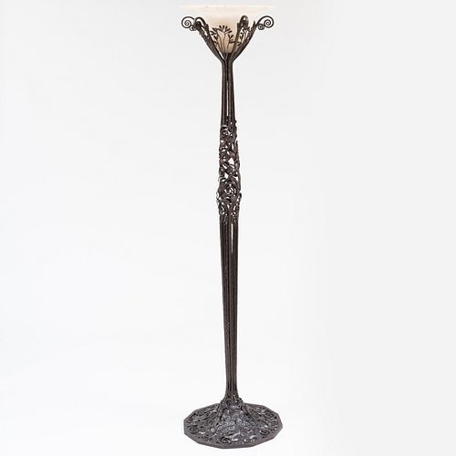 Art Deco Style Wrought Iron and Alabaster Floor Lamp, In the Style of  'Les Roses' by Edgar Brandt 