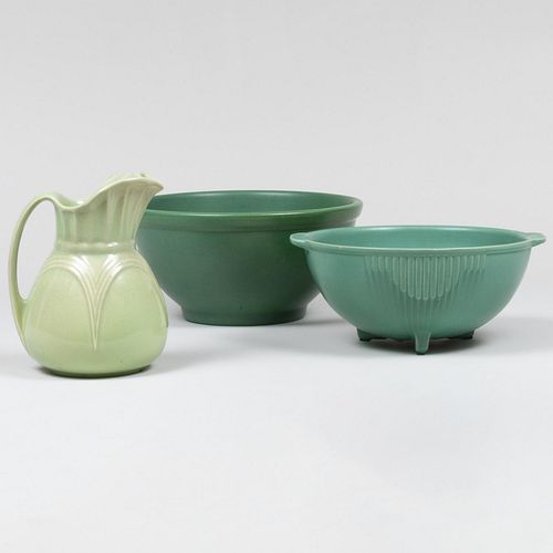 Two Green Glazed Nesting Bowls and a Pitcher