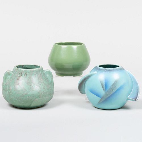 Group of Three Green Glazed Pottery Vases