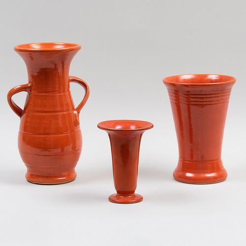 Group of Three Orange Glazed Vases