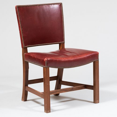 Two Oak Leather Upholstered Side Chairs, in the Style of Kaare Klint
