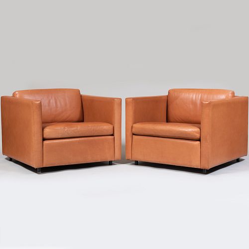 Pair of Charles Pfister for Knoll Leather Cube Club Chairs