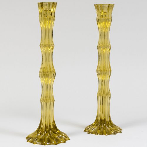 Pair of Yellow Glass Tall Candlesticks