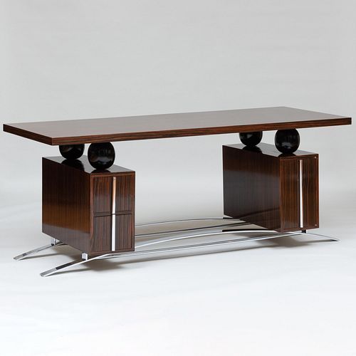 Art Deco Style Macassar Ebony Desk with Arched Chrome Base