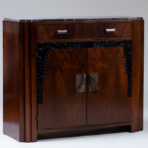 Art Deco Walnut and Ebonized Marble Top Side Cabinet