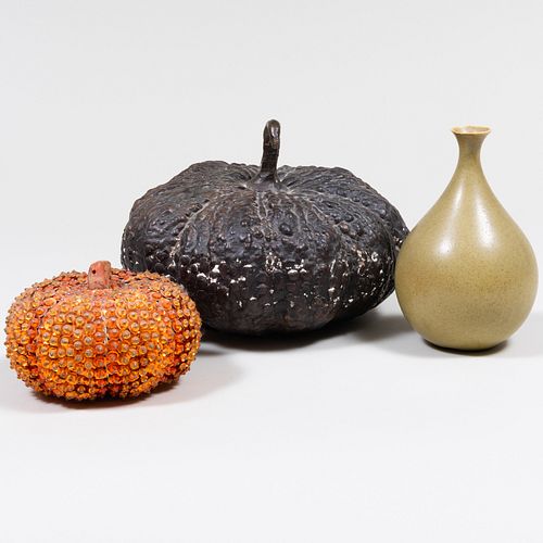 Two Gourd Form Table Ornaments and a Glazed Porcelain Vase
