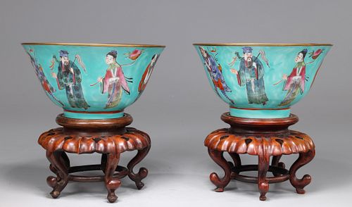 Pair of Chinese Porcelain “Ba Xian” Turquoise Bowls