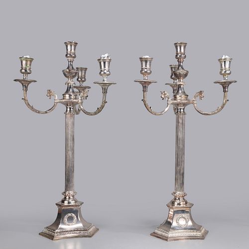 Pair of Antique English Silver Plated Four Light Candelabra
