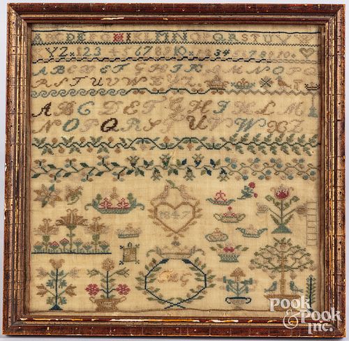 English silk on linen sampler, dated 1847
