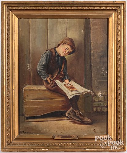 After J.G. Brown, oil on canvas of a street urchin