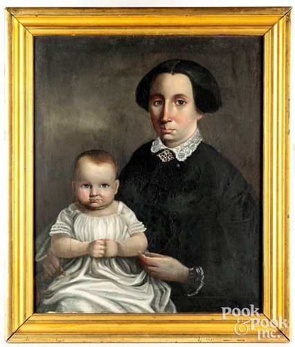 Oil on canvas portrait of a mother and child