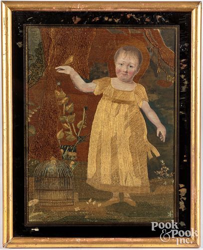 Pictorial needlework of a child with birdcage