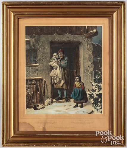 German color lithograph winter scene with family