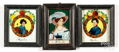 Three small reverse painted portraits, 19th c.