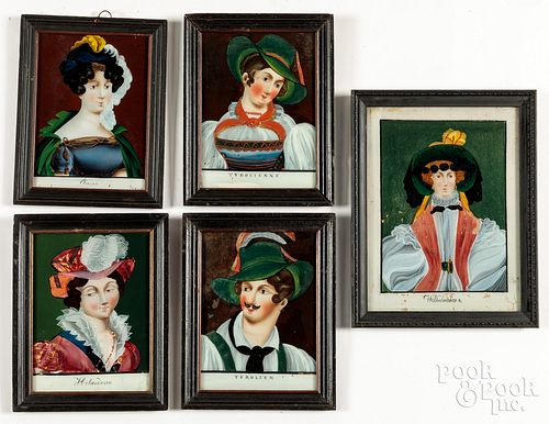Five reverse painted portraits, 19th c.