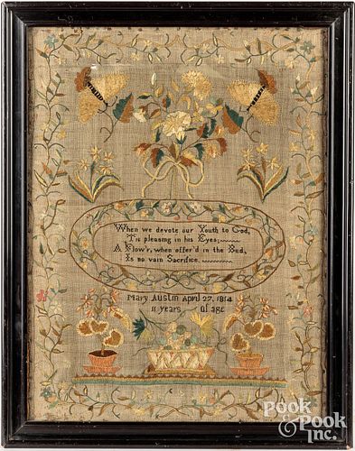 English silk on linen sampler dated 1814