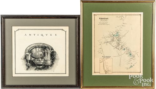 Framed map of Groton and Antiques print
