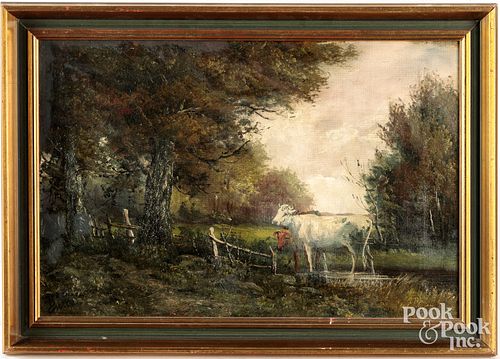 Oil on canvas landscape with cows, late 19th c.