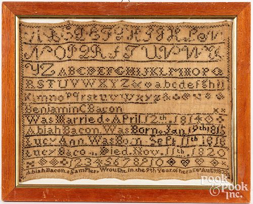 Silk on linen sampler family record dated 1823