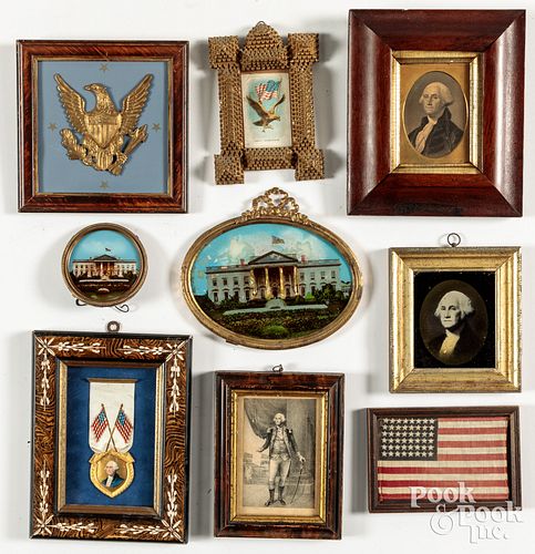 Nine small patriotic framed works.