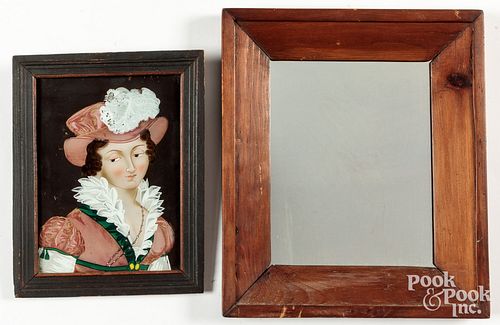 Pine mirror and a reverse painted portrait
