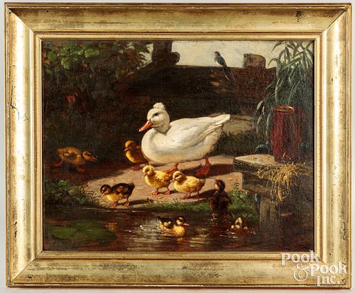 Oil on canvas of a duck and ducklings, 19th c.