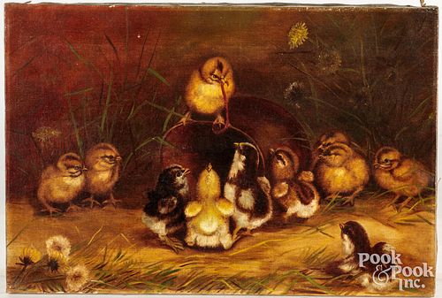 American oil on canvas of chicks, late 19th c.