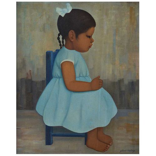 GUSTAVO MONTOYA, Niña de azul sentada en silla, de la serie Niños Mexicanos, Firmado , Óleo sobre tela, 55 x 46 cm, Con certificado
