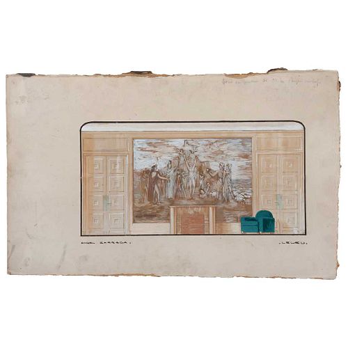 ÁNGEL ZÁRRAGA, Estudio para el fresco Sociedad de minas de París, Firmado, Mixta sobre cartón, 35 x 57 cm, Con constancia