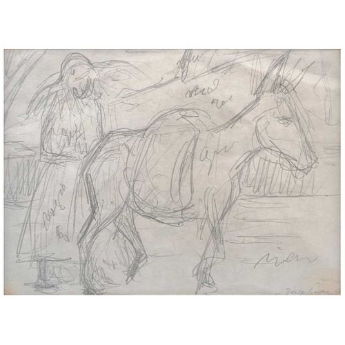 DIEGO RIVERA, Mujer y mula, Firmado y fechado 48, Lápiz de grafito sobre papel, 15.4 x 20.5 cm, Con documento y certificado