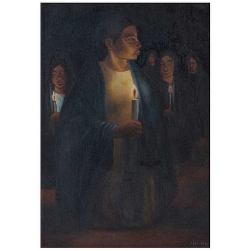 JESÚS SERNA, Vigilia con velas, Firmado, Óleo sobre masonite, 100 x 70 cm