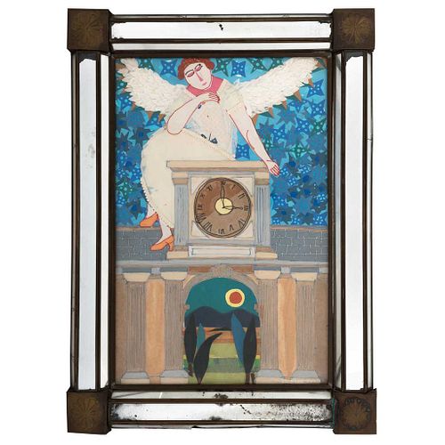 RODOLFO MORALES, Reloj, Firmado en una tira de papel, poco legible, Collage con marco de hojalata y espejos, 62 x 45 cm totales