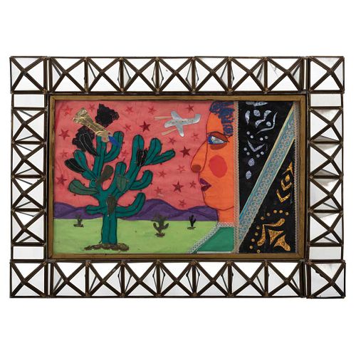 RODOLFO MORALES, Sin título, Firmado en una tira de papel, poco legible, Collage con marco de hojalata y espejo, 65 x 74 cm totales