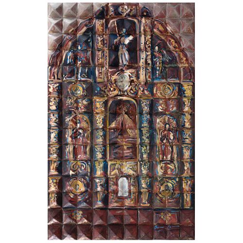 CARMEN PARRA, Altar a la Virgen del rosario en Tlalpan, Firmado, Acrílico y hoja de oro sobre madera, 120 x 74.5 x 6 cm, Con constancia