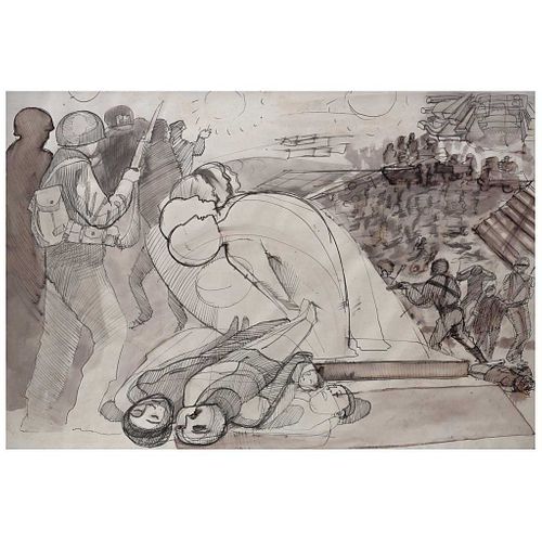 ARNOLD BELKIN, Tlatelolco, Sin firma, Tinta sobre papel, 33.5 x 49.5 cm