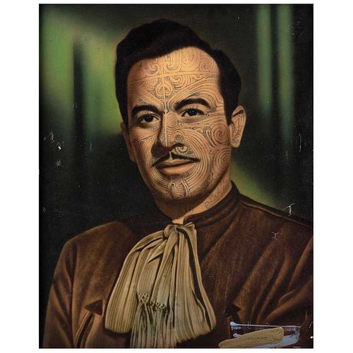 DR. LAKRA, Sin título (Pedro Infante), Firmada, Tinta sobre impresión vintage, 50 x 40 cm, Con copia de certificado