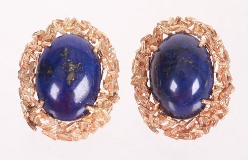 A Pair of 14k Gold and Lapis Brutalist Earrings