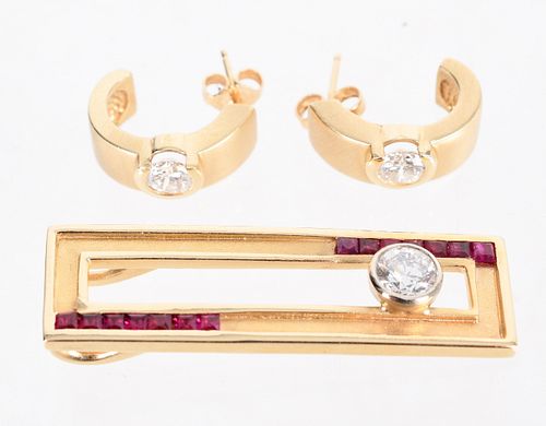 14k Diamond Earrings with Diamond and Ruby Pendant